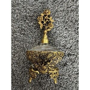 MATSON Gold Plated Ormulo Glass Perfumed Bottle & Dauber With Roses Vintage 7.7"